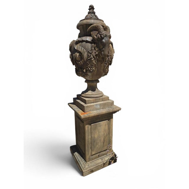 Architectural Stone Urns with Ram Heads, Italy, 1940s, Set of 2 For Sale - Image 9 of 12