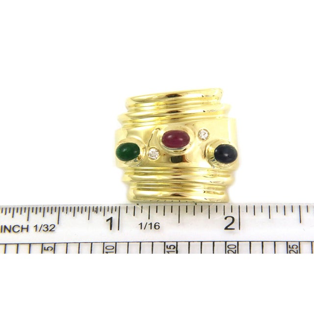 Late 20th Century Diamond Ruby Emerald Sapphire 14k Yellow Gold Wide Huggie Earrings For Sale - Image 5 of 6