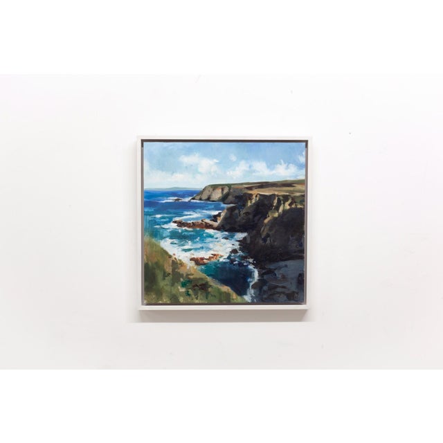 This oil painting captures the rugged coastline of Mutton Cove, where waves crash against the rocky shore under a clear...