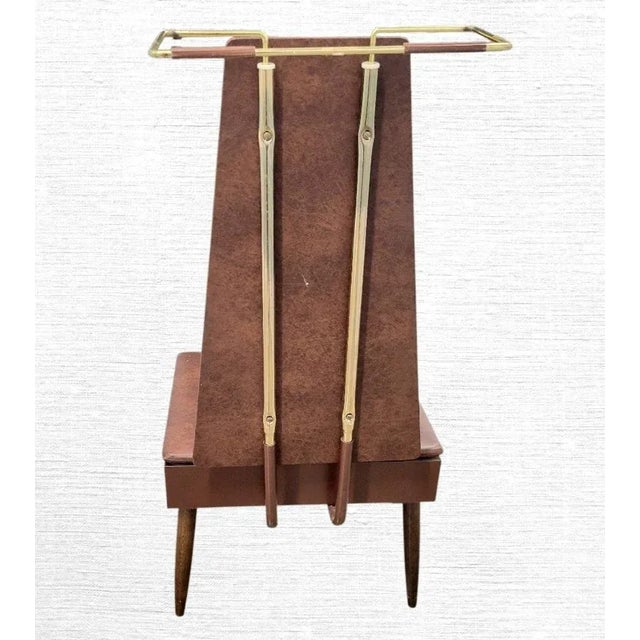 Vintage Midcentury Modern Mens Brown Faux Leather Valet Wardrobe Hanger Storage Chair For Sale In West Palm - Image 6 of 11