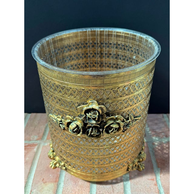 Vintage Hollywood Regency Gold Metal Filigree Ormolu Wastebasket With Claw Feet For Sale - Image 9 of 10