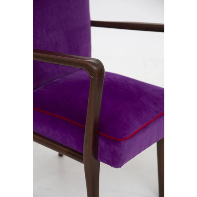 Elegant set of 6 1950s Italian armchairs reupholstered in purple velvet fabric. Finishing the velvet seat is an elegant...