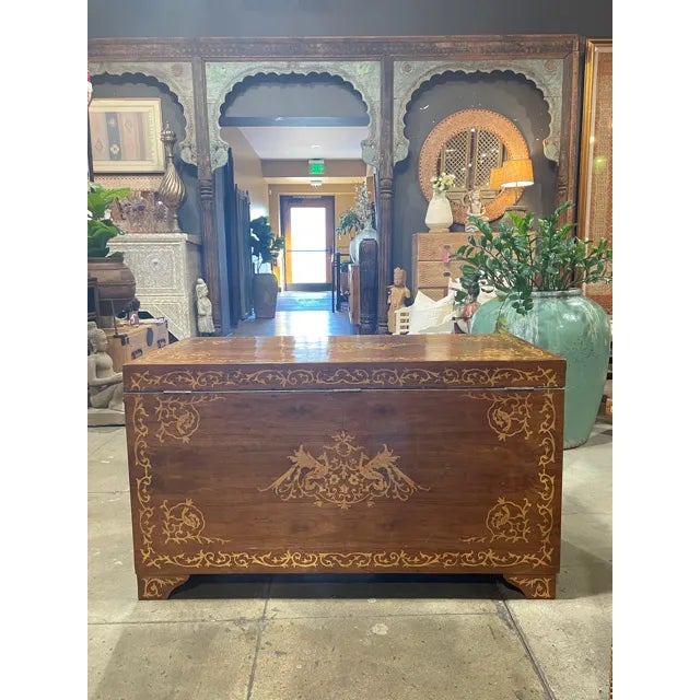 1950s Large Walnut Marquetry Inlay Chest For Sale - Image 10 of 12
