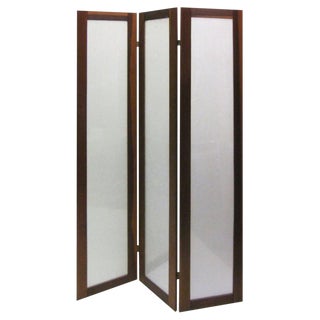 Textured Fiberglass and Teak Folding Screen For Sale