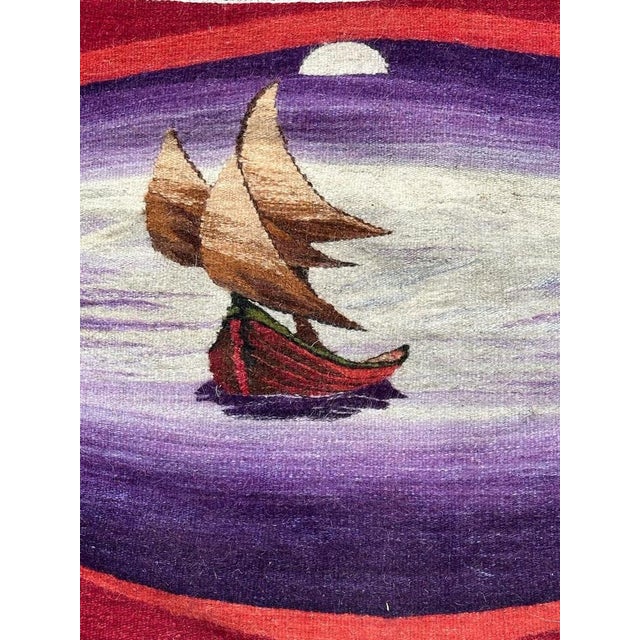 Very beautiful small modern tapestry probably European (unknown artist) with a nice design featuring a design of a boat in...