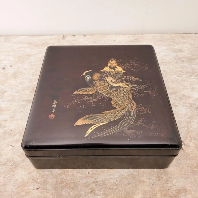 Japanese Japanese Signed Lacquered Box With Carp and Deity, Circa 1880 Was $995 For Sale - Image 3 of 5