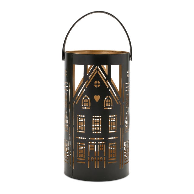 Elevate your holiday decor with this charming set of three punched metal house lanterns. Crafted from sturdy iron in...