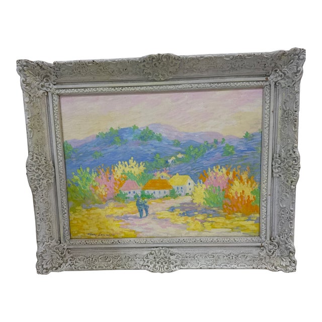 Vintage French Pastel Landscape Painting – Colorful Countryside Village – Ornate Frame For Sale