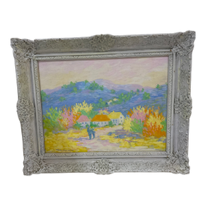 Vintage French Pastel Landscape Painting – Colorful Countryside Village – Ornate Frame