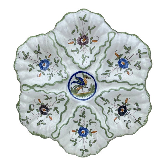 French Faience Oyster Plate With Bird Moustiers Style Circa 1940 For Sale
