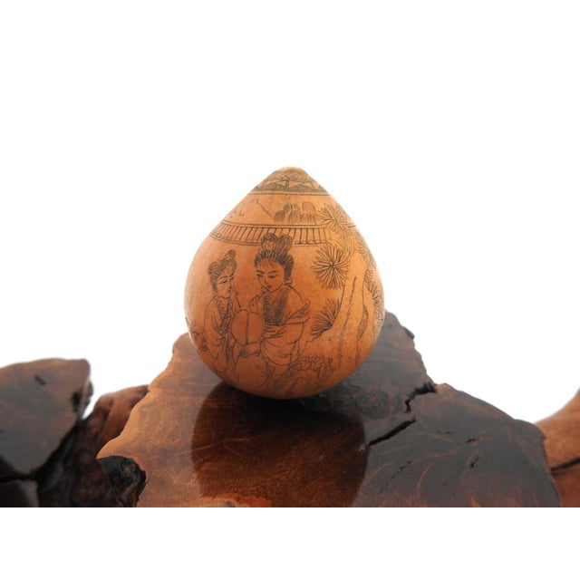 Brown Mid-Century Organic Burl Wood Pedestal Stand & Fine Etched Pyrography Gourds - Set of 3 For Sale - Image 8 of 18