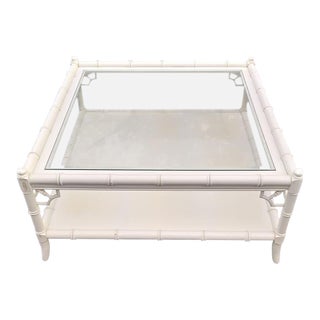 Vintag Palm Beach Regency Huge White Thomasville Square Faux Bamboo Coffee Table For Sale