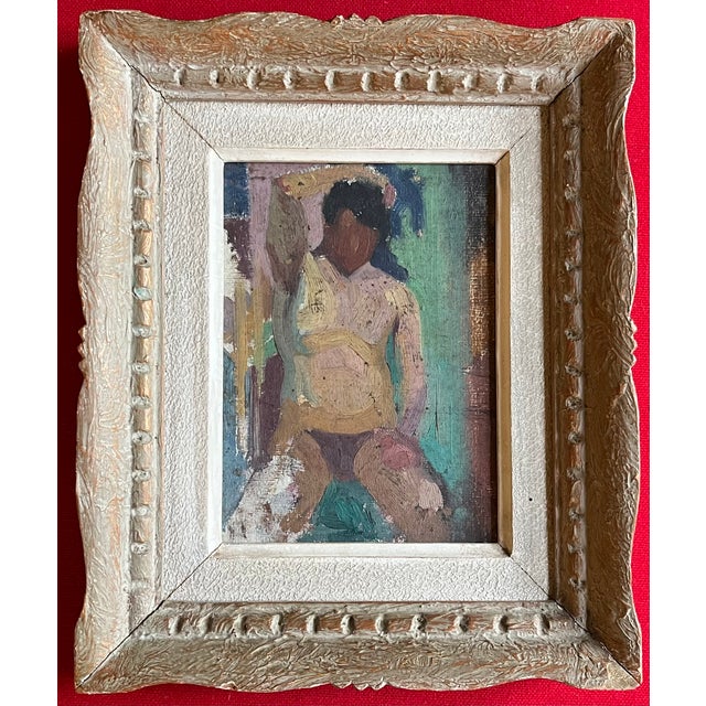 Paint French Mid-Century Modern Oil Painting on Board Nude Study in Original Frame Circa 1950 For Sale - Image 7 of 9