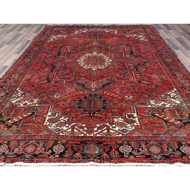 1960 7'10"x10'7" Red Centre Geometric Element Pure Wool Vintage Worn Down Clean Rug For Sale In New York - Image 6 of 12