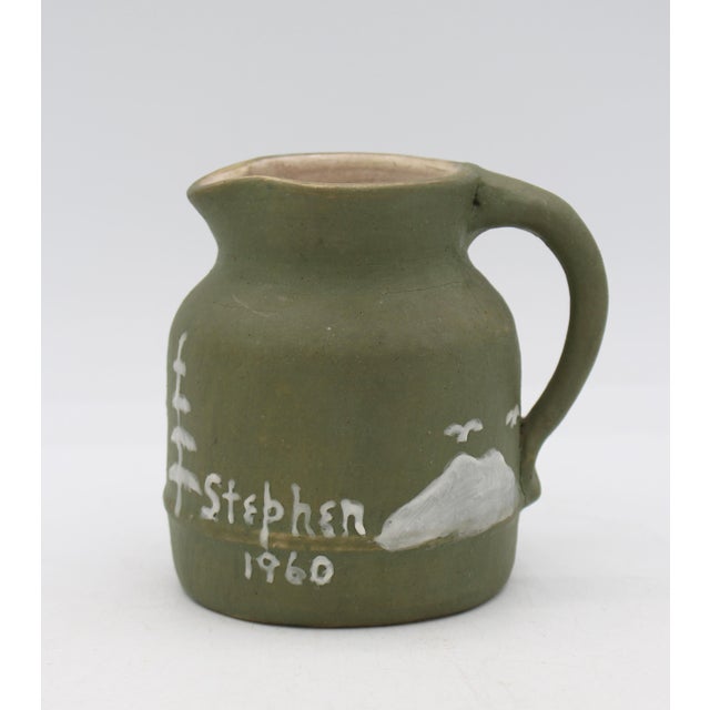 Folk Art 1960 North Carolina Cameo Decorated Small Pottery Pitcher by Walter Stephen For Sale - Image 3 of 11