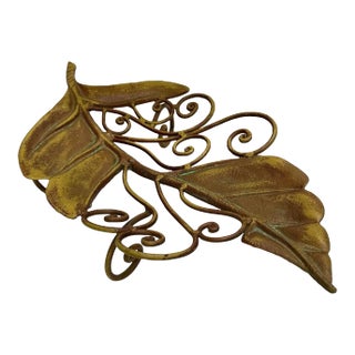 Vintage Gold Metal Spiral Footed Leaf Tray For Sale