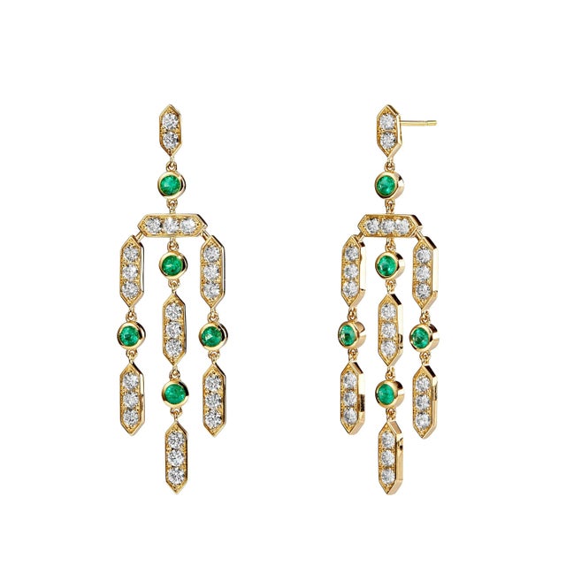 18 karat yellow gold Emeralds 0.60 carat approx. Diamonds 1.65 carats approx. Post back for pierced ears Length 2 inches /...