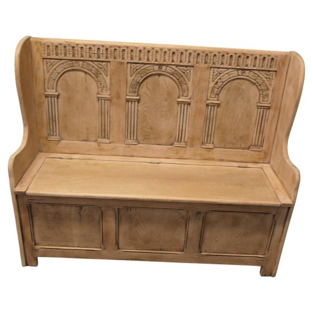 Brown High Back Oak Settle with Carved Back Panels, 1920 For Sale - Image 8 of 8