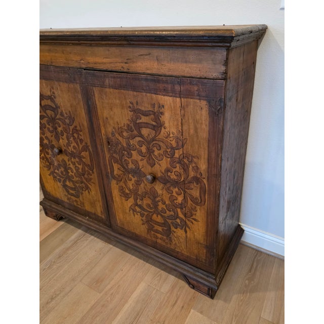 Early 18th C. Italian Baroque Inlaid Wood Sacristy Cabinet Rustic Antique Credenza For Sale - Image 15 of 18