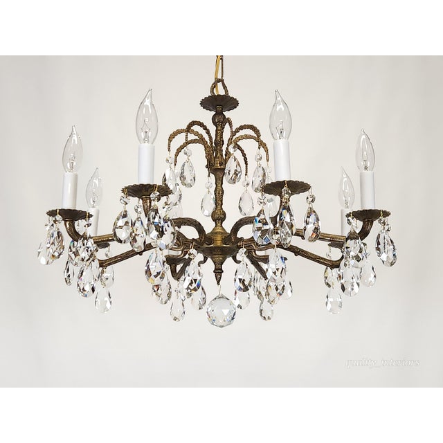 Antique 8 Arm Dark Patina Opulent Brass Cut Lead Glass Crystal Chandelier For Sale In South Bend - Image 6 of 15