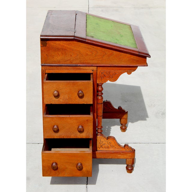 Wood Antique 1860s Victorian Walnut Davenport Writing Desk English Slant Front Secretary With Original Green Baize Top For Sale - Image 7 of 18