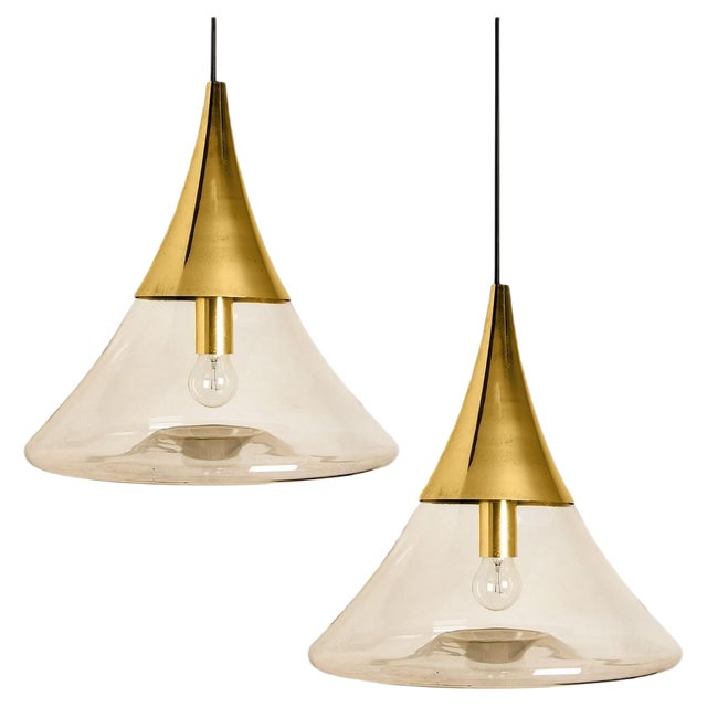 Cone Shape Brass & Clear Glass Pendant Light from Limburg For Sale