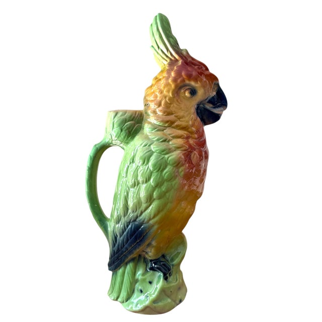 Ceramic Vintage French St. Clément Majolica Parrot Pitcher, C. 1920s–1930s — 13” For Sale - Image 7 of 9
