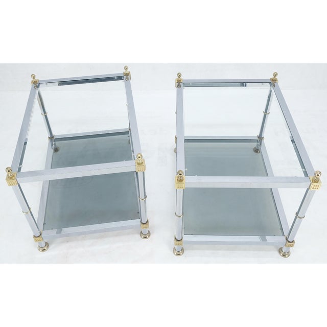Pace Collection Pair of Rectangle Chrome & Brass Smoked Glass Two Tier End Side Tables MINT! For Sale - Image 4 of 9
