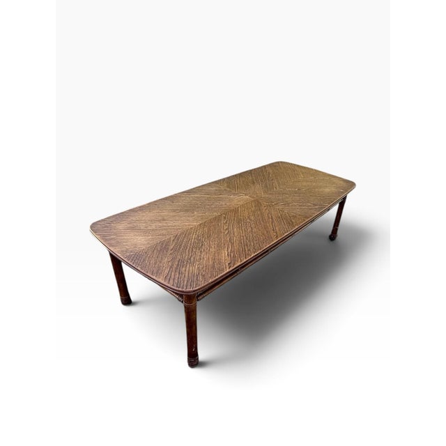 Vintage Faux Bamboo Fruitwood Cocktail Table With Geometric Veneer Top For Sale - Image 9 of 11