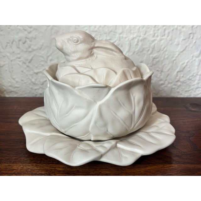 Late 20th Century Late 20th Century White Bisque Porcelain Rabbit Cabbage Tureen on Plate Attributed to Bordallo Pinheiro For Sale - Image 5 of 10