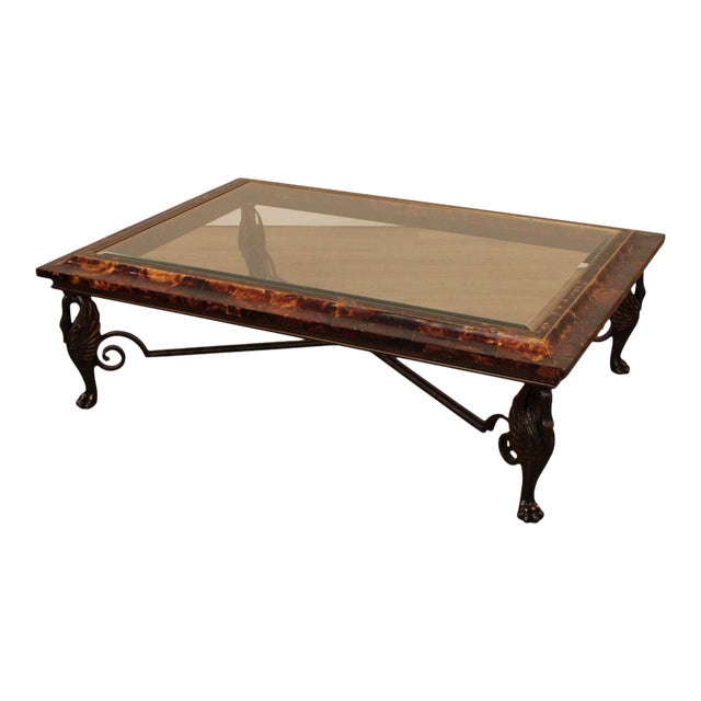 Maitland Smith Large Glass Top Faux Tortoise Shell Coffee Table, Iron Swan Legs For Sale