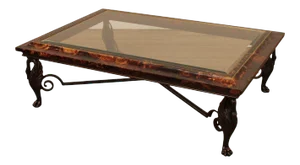 Maitland Smith Large Glass Top Faux Tortoise Shell Coffee Table, Iron Swan Legs