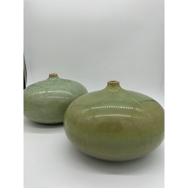 Mid-Century Modern 1990s Pair of Vietnamese Green Glazed Ceramic Orb Vessels For Sale - Image 3 of 15