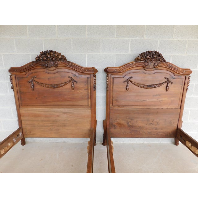 Antique Walnut French Louis XV Style Ornately Carved Twin Beds a Pair