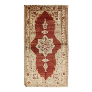 Antique Turkish Oushak Rug With Stretched Medallion in Red, Ivory, Cream, Gray For Sale