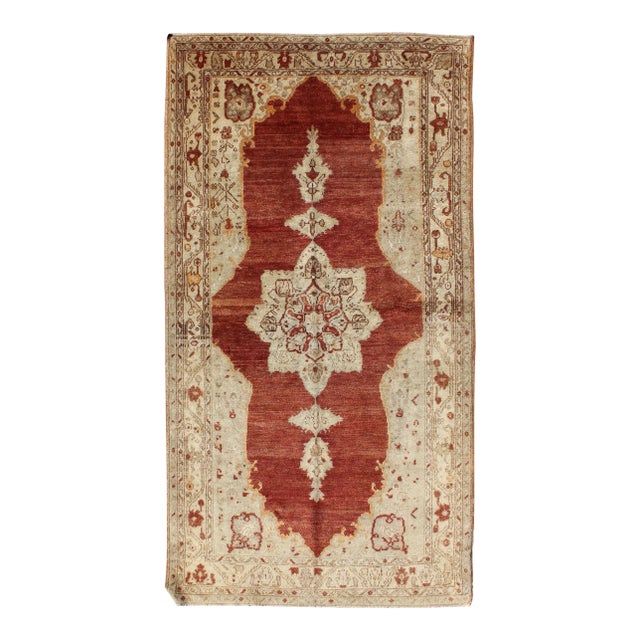 Antique Turkish Oushak Rug With Stretched Medallion in Red, Ivory, Cream, Gray For Sale