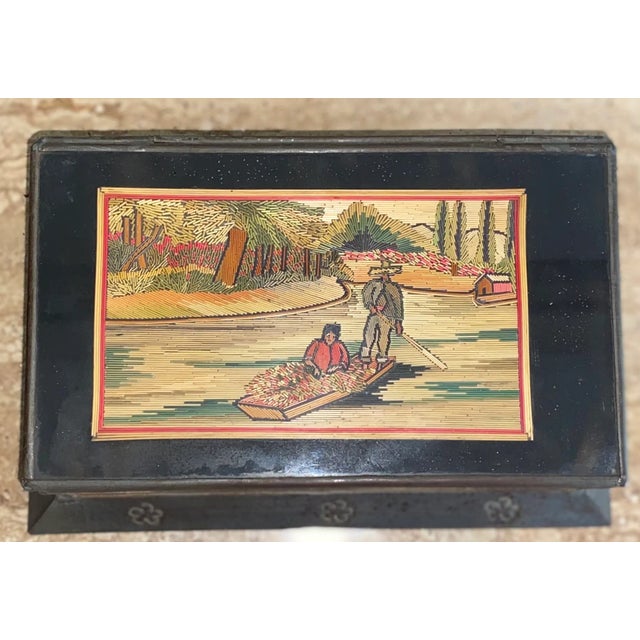 Mid 20th Century Rare Vintage Mexican Tin Box With Straw Mosaic Picture For Sale - Image 5 of 8