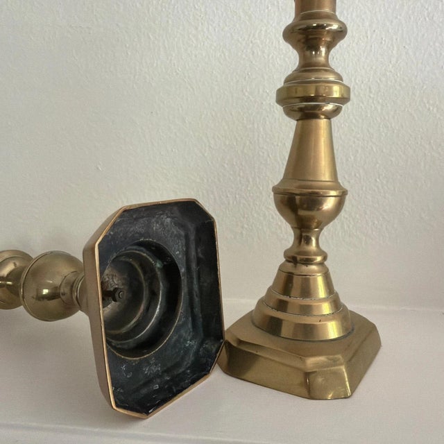 Late 19th Century Pair of Vintage Solid Brass Candlesticks 10” High For Sale - Image 5 of 5