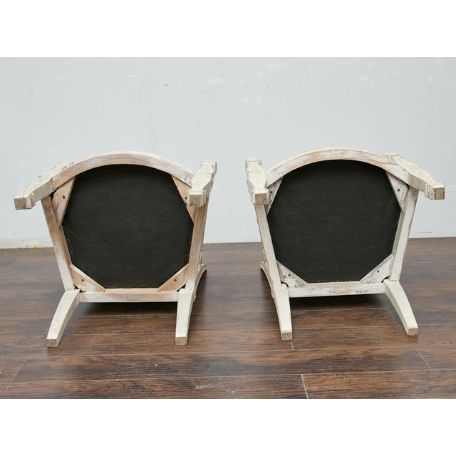 Pair of French 1920s Painted Armchairs with Carved Details and Linen Upholstery For Sale - Image 11 of 11