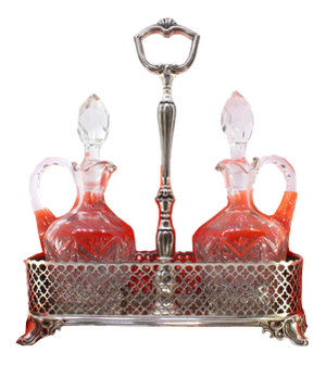 Cruet Set with Silver Structure and Cut Glass Cruets, Set of 3