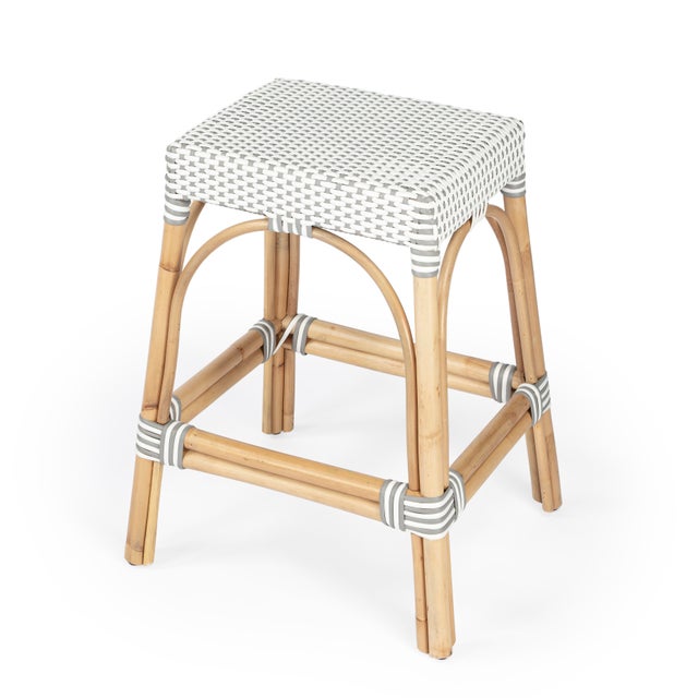 Robias 24.5 in. Seat Height Rectangular Rattan Backless Counter Stool with Footrest, Gray/White Dot / Natural Rattan Frame For Sale - Image 9 of 9