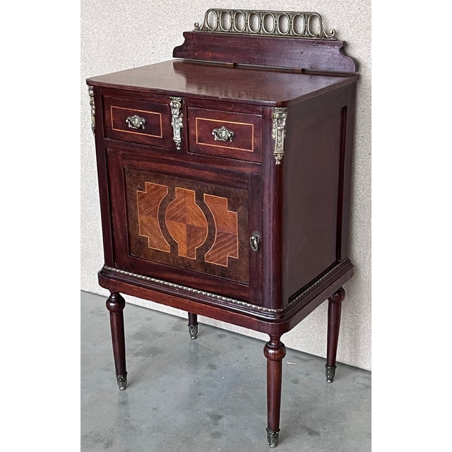 Pair of Italian Marquetry Nightstands With Bronze Crest, Drawers and Doors For Sale - Image 4 of 13