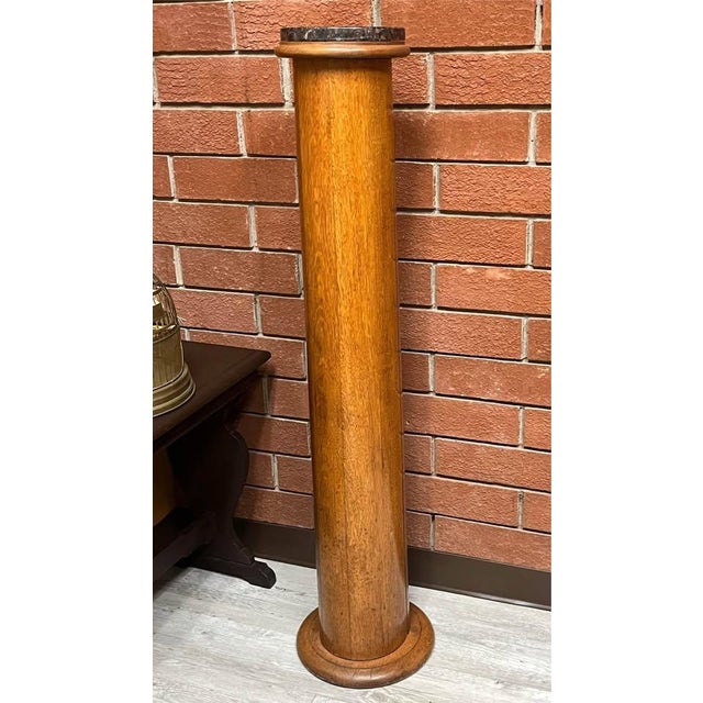 Traditional Vintage Marble Top Oak Column Pedestal For Sale - Image 3 of 8