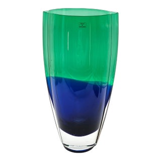Krosno Polish Art Glass Vase Green Over Blue Cased Modernist Form 11.5" For Sale
