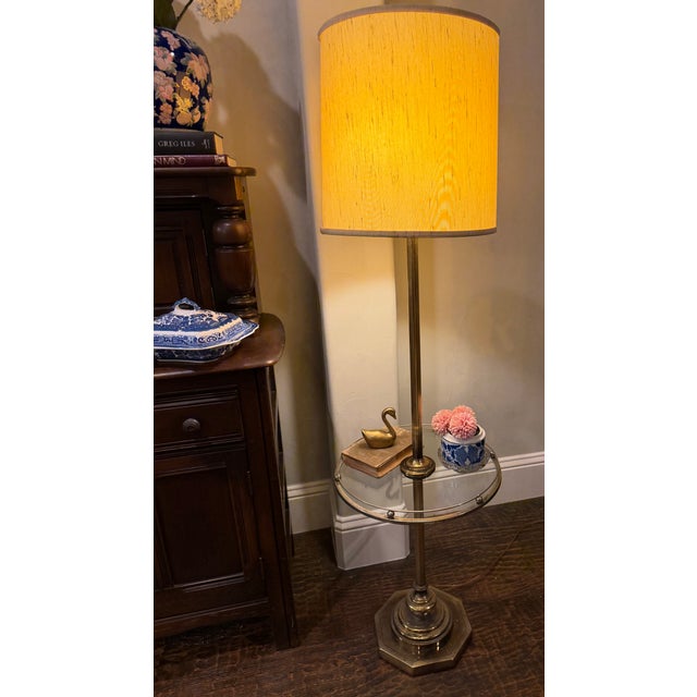 Mid 20th Century Mid-Century Modern Brass and Glass Tray Table Floor Lamp With Original Shade For Sale - Image 9 of 13