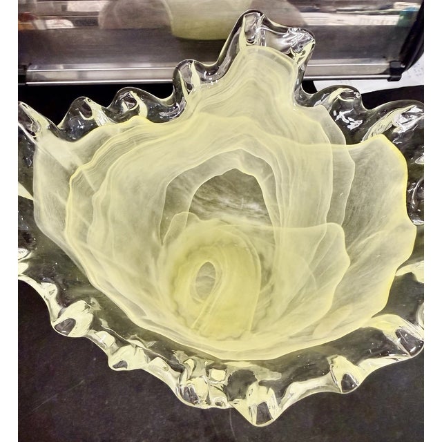 Mid-Century Modern Vintage Murano Italy Yellow Swirl Freeform Ruffle Rim Art Glass Vase For Sale - Image 3 of 5