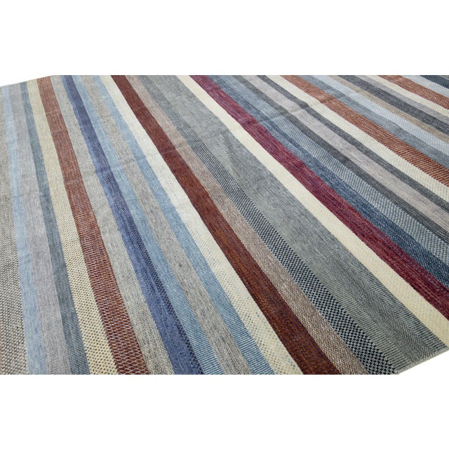 Striped Designed Modern Savannah Handmade Wool Rug in Gray For Sale In New York - Image 6 of 12