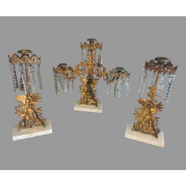 Late 19th Century Antique Victorian Three Piece Girandole Candelabra Set With Etched Prisms For Sale - Image 5 of 10