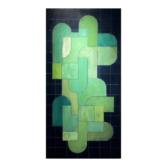 Contemporary Geometric Abstract Vertical Oil and Cold Wax Painting-Green by Stephen Cimini For Sale