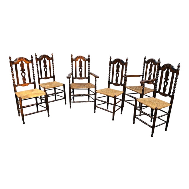 Ornate Wood Bobbin Wicker Dining Chairs, Set of 6 For Sale